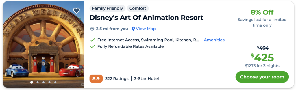 The regular listing for Art of Animation on Priceline.